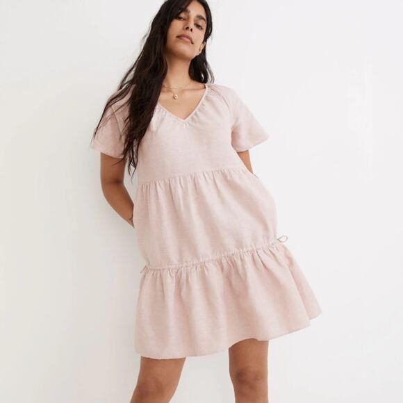 Madewell XS Linen Lorelei Tiered Mini Dress Blush Pink Cottage Coquette Babydoll - Picture 1 of 12